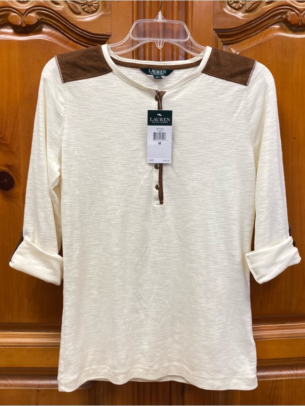 Lauren Ralph Lauren cream henley faux suede trim long sleeve top size M